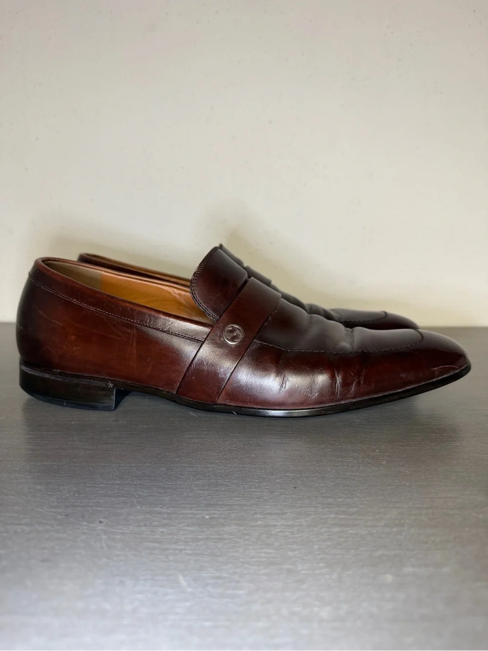 Vintage Men's Gucci Brown Leather Loafers Made In Italy Size 8.5 Classic Style